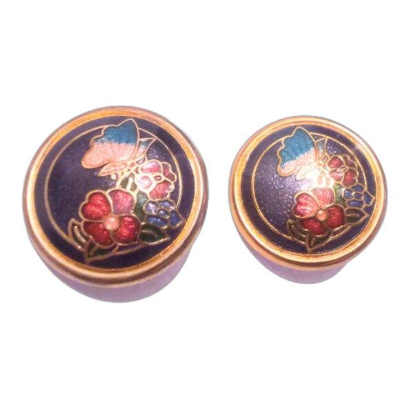 Vintage Gold Tone Purple Flower and Butterfly Cloisonne Clip Earrings - Picture 3 of 5